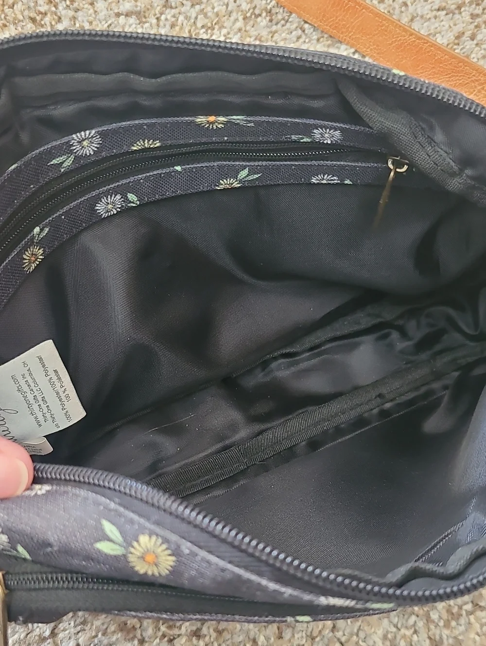 thirty-one Charcoal Floral Crossbody with Tan Strap